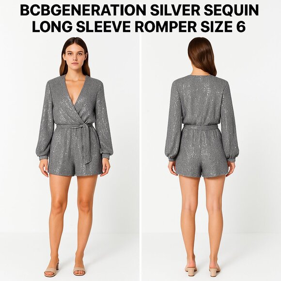 BCBGENERATION SILVER SEQUIN LONG SLEEVE ROMPER SIZE 6 - Picture 1 of 8